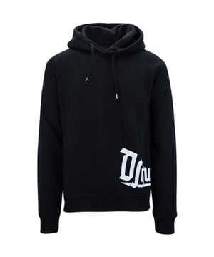 Dsquared2 zwarte hoodie, 100% katoen, gotisch logo, normale pasvorm, valt normaal qua maat, lange mouwen, capuchon, vrijetijdskleding, zwarte hoodie