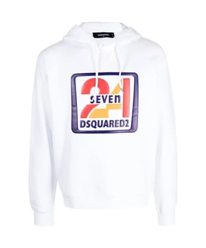 Dsquared2 witte hoodie, 100% katoen, vierkant logo met Seven 24 erin, gemaakt in Italië, normale pasvorm, maat valt normaal, lange mouwen, capuchon, vrijetijdskleding, witte hoodie