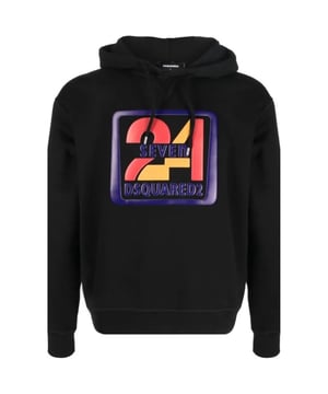 Dsquared2 zwarte hoodie, 100% katoen, vierkant logo met Seven 24 erin, gemaakt in Italië, normale pasvorm, maat valt normaal, lange mouwen, capuchon, vrijetijdskleding, zwarte hoodie