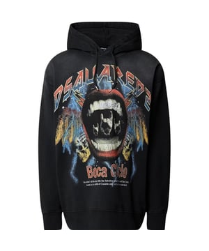 Dsquared2 zwarte hoodie, 100% katoen, rock n roll-ontwerp op de borst, gemaakt in Italië, normale pasvorm, maat valt normaal, lange mouwen, capuchon, vrijetijdskleding, zwarte hoodie