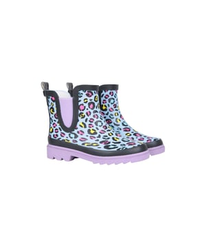Upper: Synthetic, Water Resistant, Waterproof. Lining: Textile. Midsole: EVA Foam. Outsole: Synthetic. Deep Lugs. Low Block Heel. Cut: Ankle. Design: Leopard Print. Toe Style: Round. Fastening: Pull-On.