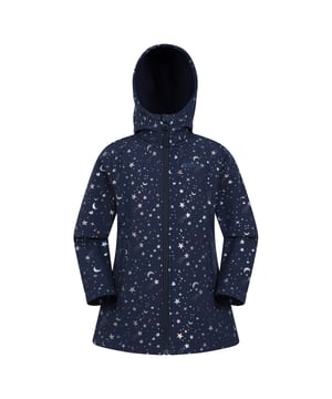 Material: Elastane, Polyester. Lining: Fleece, Soft. Fabric: Softshell. Design: All-Over Print, Crescent Moon, Logo, Stars. Fabric Technology: DWR Finish, PFC Free, Wind Resistant. Chin Guard, Pocket Lining. Neckline: Hooded. Sleeve-Type: Long-Sleeved. Length: Longline. Pockets: 2 Side Pockets. Fastening: Full Zip. Sustainability: Environmentally Friendly. 3-4 Years: 22.5 in. 5-6 Years: 24 in. 7-8 Years: 26 in. 9-10 Years: 28.5 in. 11-12 Years: 31 in. 13 Years: 33 in.
