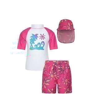 100% Polyester. Gewebe: Stretch. Design: Blumen, bedruckt. Hoch geschnitten. Zum Überziehen, Zum Überziehen. Taille: mit Kordelzug. Nackenschutz. Gewebetechnik: Schnell trocknend. Inhalt: 1 Hut, 1 Shorts. Hinweis: Von Feuer fernhalten. Raglanärmel, Kurzärmlig. UV-Schutzfaktor: UPF 50+.