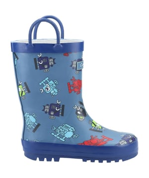 Upper: Rubber. Outsole: Rubber. Sole Features: Non Skid. Fastening: Pull-On. Fabric Technology: Durable, Waterproof. Pull Handle. Block Heel. Cut: Calf-Length. Design: Robot. Toe Style: Round.