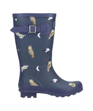 Upper: Synthetic. Insole: Memory Foam. Outsole: Synthetic. Buckle Detail. Flat. Cut: Mid Calf. Design: Clouds, Logo, Moon, Owl. Toe Style: Round. Fastening: Slip-In.