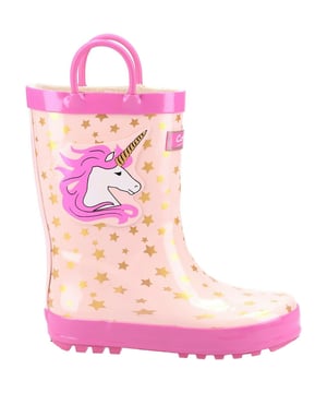 Upper: Rubber. Outsole: Rubber. Sole Features: Non Skid. Fastening: Pull-On. Fabric Technology: Durable, Waterproof. Pull Handle. Flat. Cut: Calf-Length. Design: Stars, Unicorn. Toe Style: Round.