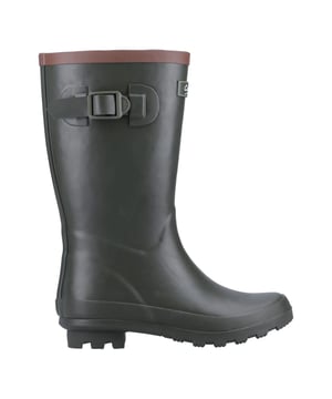 Upper: Rubber. Insole: Memory Foam. Outsole: Cleated. Buckle Detail. Block Heel. Cut: Mid Calf. Design: Contrast Trim, Logo. Toe Style: Round. Fastening: Slip-In.