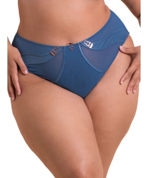 Curvy Kate Scantilly Suspense High Waist Brief. High rise brief with sheer mesh fabric, contouring satin panels, back keyhole detail and rose gold hardware. This product is recommended as hand wash only.