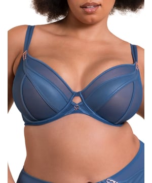 Curvy Kate Scantilly Suspense Plunge Bra. Underwired non-padded plunge bra with sheer mesh cups, satin panels and rose gold hardware. This product is recommended as hand wash only.