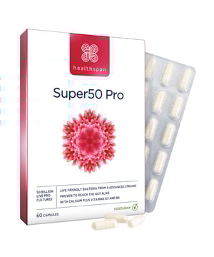 Discover Healthspan's Super50 Pro Capsules, your ultimate ally for digestive health. Each vegetarian capsule offers an impressive 50 billion live-friendly bacteria from four carefully selected strains, with a focus on Bifidobacterium lactis to support your gut microbiome. Enhanced with essential nutrients like calcium, vitamin B6, and vitamin D3, these capsules promote digestive enzyme function and immune health. Lactose-free and suitable for all, Super50 Pro is perfect for those seeking a high-quality probiotic. Take one capsule daily with water for optimal results.