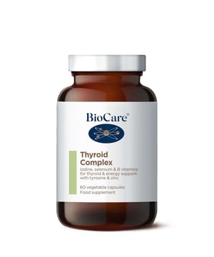 Support your thyroid health with BioCare's Thyroid Complex, featuring a blend of essential nutrients designed to enhance thyroid function and boost energy levels. Each capsule delivers vital ingredients such as iodine, selenium, zinc, tyrosine, and vitamins B2 and B3, all crucial for effective thyroid hormone production. Experience reduced fatigue and improved vitality with this powerful formula. Suitable for vegetarians and vegans, this product contains no unnecessary additives or allergens. Take one capsule twice daily with food for best results. Store in a cool, dry place.