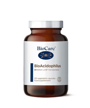 Enhance your digestive health with BioCare's BioAcidophilus, featuring a LAB4 complex that delivers 20 billion live bacteria per daily dose. This blend includes Lactobacillus acidophilus, Bifidobacterium bifidum, and Bifidobacterium lactis, designed to withstand bile and acid for effective gut colonization. Enriched with FOS, it promotes beneficial bacteria growth for a balanced gut microbiome. Suitable for vegetarians, vegans, and those who are pregnant or breastfeeding. For best results, take 1 capsule twice daily with food.