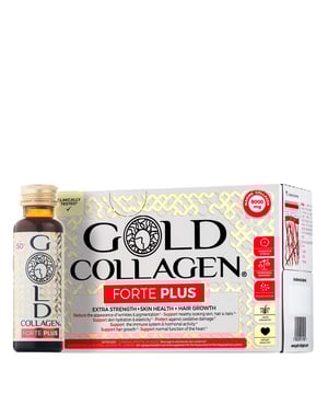 Discover the power of Gold Collagen Forte Plus, an advanced liquid supplement specifically designed for women over 50. This peach and lychee-flavored formula features 23 active ingredients to promote skin hydration, hair growth, and overall vitality. Backed by multiple patents and clinical trials, this supplement enhances collagen formation, supports heart health, and combats oxidative stress. Enjoy the benefits of Biotin, Vitamin C, and Hyaluronic Acid for healthy skin, hair, and nails. For optimal results, consume one bottle daily for three weeks to boost hydration and skin smoothness.