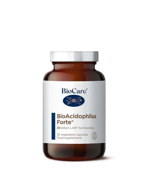 Enhance gut health with BioCare's BioAcidophilus Forte. Each capsule delivers 30 billion live bacteria per daily dose, featuring the LAB4 complex. This formula includes Lactobacillus acidophilus, Bifidobacterium bifidum, and Bifidobacterium lactis, ensuring survival through bile and acid to reach your gut alive. Enriched with Fructooligosaccharides, it promotes beneficial bacteria growth for a thriving microbiome. Ideal for vegetarians, vegans, and those pregnant or breastfeeding. Take one capsule daily with food for best results. Store in a cool, dry place.