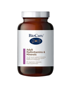 Discover BioCare's Adult Multivitamins & Minerals, a powerful one-a-day supplement designed to enhance your overall health. Each capsule delivers essential vitamins and minerals in their most bioavailable forms, including methylfolate and methyl B12, to boost your energy, support immune health, and promote nervous system function. This iron and copper-free formula is perfect for those who prefer a cleaner supplement. Suitable for vegetarians and vegans, these capsules contain no unnecessary additives. For best results, take one capsule daily with food. Store in a cool, dry place.