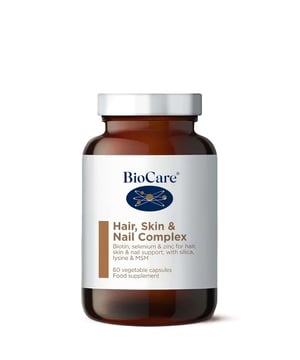 Experience the power of BioCare's Hair, Skin & Nail Complex, designed to nourish beauty from within. Each capsule contains essential nutrients like silica from bamboo extract, zinc, biotin, selenium, and copper, supporting vibrant hair, glowing skin, and strong nails. It includes vitamin C for collagen production, antioxidant-rich carotenoids, and vitamin E for protection against oxidative stress. Enhanced with B vitamins for cellular health and MSM for connective tissue support, this vegan-friendly supplement is ideal for daily use.