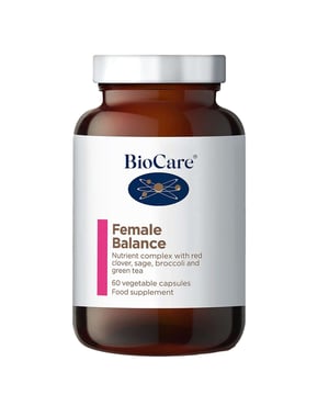 Support your well-being with BioCare's Women's Health Female Balance, a specialized supplement designed for women. This advanced botanical complex includes red clover rich in isoflavones, sage for phytoestrogens, and a potent broccoli sprout extract standardized for sulforaphane. These ingredients work together to promote hormonal balance and enhance overall health. The easy-to-swallow two-capsule dose is perfect for daily use. Vegan, vegetarian, and kosher certified, it contains no unnecessary additives. Take charge of your health today!