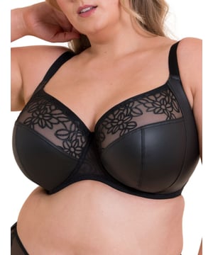 Curvy Kate Enchant Side Support Bra. Non padded balcony bra with graphic floral embroidery, pleather fabric and side support panels for forward projection. The product is recommended for hand wash only.