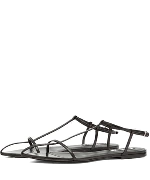 • Brand: Jil Sander
 • Material: Upper: 100% Goat Leather - Lining: 100% Ovine Leather - Inside: 100% Ovine Leather - Sole: 90% Calf Leather 10% Rubber
 • Design: The Thong Sandal by Jil Sander exemplifies minimalist luxury with sleek, understated design. Crafted from smooth black leather, this sandal features a clean, streamlined silhouette with thin thong straps
 • Colour: Black
 • Style: It balances comfort and sophistication—making it perfect for effortless warm-weather styling or dressing up casual outfits