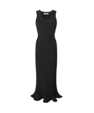 • Brand: Jil Sander
 • Material: Primary Fabric: 69% Polyester 30% Cotton 1% Elastane-Spandex - Padding: 100% Polyester
 • Design: Featuring a distinctive crinkle fabric and with a floaty flared hem that flicks out
 • Colour: Black
 • Style: Crinkle Stretch Jersey, Close Fit, Scoop Neckline, Frilled Hem