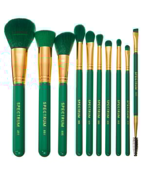 Elevate your makeup routine with the Spectrum 10 Piece Malachite Green Makeup Brush Set, designed for the modern woman. This stunning set features a rich emerald green finish with elegant gold accents, perfect for any beauty enthusiast. Each brush is crafted with silky-soft synthetic bristles that ensure smooth application and blending of products for a flawless look. With brushes for foundation, blush, contour, highlighter, eyes, and brows, you have everything you need to express your creativity. Experience the purifying energy of malachite while you create your perfect makeup masterpiece.