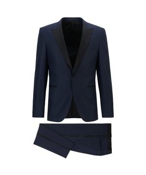 Hook and zip closure.Kissing buttons on the cuff.Button closure.Standard length.Fully lined.One button.Side vent.Jet pockets at back.Side pockets.Welt pocket at chest.Jet pockets.Peaked lapels.Extra-slim fit.