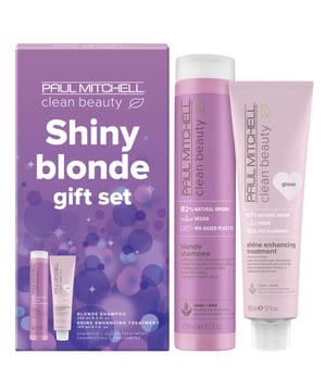 Discover the ultimate hair care experience with the Paul Mitchell Shiny Blonde Gift Set. This luxurious set features Clean Beauty Blonde Shampoo (250ml) and Shine Enhancing Treatment Gloss (150ml), designed for blonde, highlighted, silver, or grey hair. The purple toning shampoo cleanses while eliminating brassy tones, infused with pomegranate extract to prevent color fade. The treatment gloss nourishes each strand with borage oil, delivering a smooth finish and natural shine. Perfect for vegans, this set revitalizes your hair, making it vibrant and beautiful.
