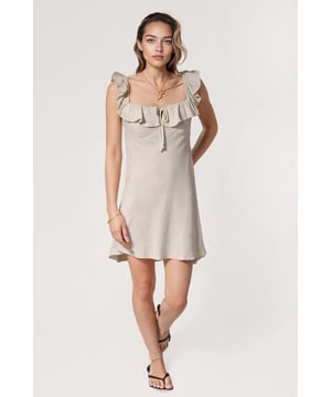 A fabulous summer dress for warm days - dress up or down to suit. It features a delicate ruffle around a flattering square neckline, crafted from lightweight, textured fabric for breathable comfort. The fit-and-flare silhouette enhances your shape, while tie details at the neck and back add a charming, adjustable finish.

27" from Chest to Hem.