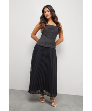 Petite Satin Fitted Bodice Chiffon Pleated Skirt Midi Dress