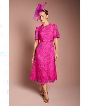 Exquisite lace midi dress with intricate floral pattern
        Elegant bow belt accentuates the waistline
        Flattering round neckline and short sleeves
        Scalloped hem adds a delicate touch
        Midi length perfect for formal occasions
    
    This stunning lace midi dress radiates sophistication and grace, making it an ideal choice for weddings, races, or any formal event where you want to make a lasting impression. The intricate floral lace pattern adorns the entire dress, creating a romantic and feminine silhouette. The bow belt cinches the waist beautifully, enhancing your figure and adding a charming detail. Style this dress with a matching fascinator, as shown, for a coordinated look that's sure to turn heads. Pair with strappy metallic heels and a clutch bag to complete your ensemble. For cooler evenings, drape a lightweight pashmina over your shoulders. This versatile piece can be dressed up or down, making it a valuable addition to your occasion wear wardrobe.