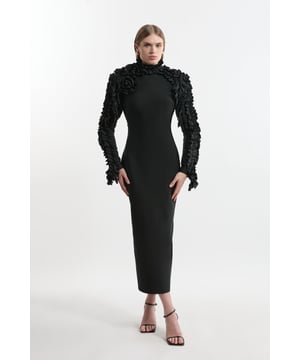 Make a statement no matter the destination in our midi dress, featuring a three dimensional corsage accent at the shoulder, as well as ruffles across the sleeves and back, and a bodycon silhouette to flaunt the figure. Style this piece with court heels or stilettos for an evening look that can be reworn time and time again. Figure Form Bandage Knit Woven Rosette Detail Midi Dress High Quality, Soft Knit Fabric Formal, High Neckline Textured, Ruffled Detailing Across Neck, Sleeves, and Back Unique, Three Dimensional Rose Feature Statement Backless Design Hook Fastenings Behind NeckBrowse this seasons wedding guest dresses or shop the full collection of women's wedding outfits now.
