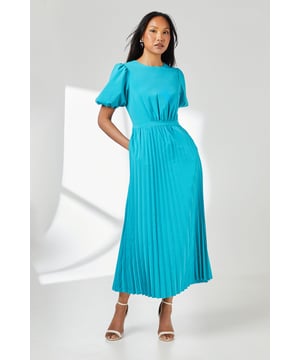 Elegant midi dress featuring a sophisticated pleated skirt design
        Charming puff sleeves add a contemporary touch to this classic silhouette
        Flattering cinched waist creates a feminine, defined shape
        Timeless crew neckline offers versatile styling options
        Fully lined for comfort and a smooth, polished appearance
    
    This Principles midi dress combines timeless elegance with modern detailing, making it perfect for special occasions. The striking pleated skirt creates beautiful movement as you walk, while the puff sleeves add a touch of romance to the structured silhouette. The fitted waist accentuates your natural shape before flowing into the midi-length pleated skirt. Style with strappy heeled sandals and delicate drop earrings for weddings or formal events. For race day sophistication, pair with a fascinator and clutch bag. The versatile crew neckline works beautifully with statement jewellery for evening affairs or can be kept minimal for daytime elegance. This dress offers the perfect balance of refinement and contemporary style, ensuring you stand out at any formal gathering.