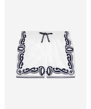 Dolce Gabbana project exquisite concepts into their beautifully crafted aesthetics. These baby boys shorts are a refined construction to adore. Part of the sophisticated DNA collection, which reconceptualises adult styles into striking innovative portraits. They are crafted from luxurious nylon with a bandana print, back patch pocket with a flap, branded label, and elasticated drawstring with branded laces. Made in Italy Regular Fit Inner Briefs in Spandex Mesh Placed Print May Vary Due to "Handmade" Nature Comes With Mesh Pouch 100 Polyester