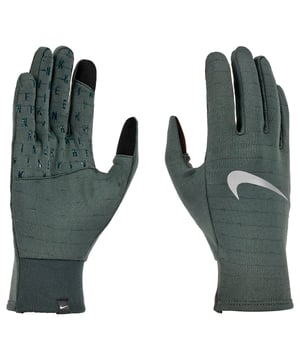 Marke: Nike. Polyester. Etikett mit Logo, Elastischer Einsatz, Sehr warm, Touchscreen Zeigfinger, Touchscreen Daumen. Gewebetechnik: Feuchtigkeitsabweisend, Reflektierend, Therma-Fit. Bündchen: gerippt. Design: Kontrast, Buchstaben, Logo, Swoosh.