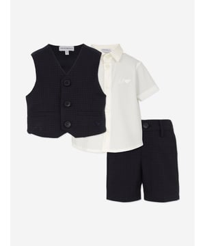 Introducing the exquisite Emporio Armani Baby Boys Short Set in Navy, an essential ensemble for the discerning little gentleman's SS2025 wardrobe. Crafted with the signature flair of Emporio Armani, this set is the epitome of style meets comfort. Luxurious Comfort Tailored from premium, soft fabrics for utmost comfort. Distinctive Style Chic navy hue complemented by a subtle designer emblem. Perfect Fit Designed to fit snugly while ensuring easy movement. Machine Washable Effortless maintenance without compromising on quality.Elevate your young one's style this season with this unparalleled short set.