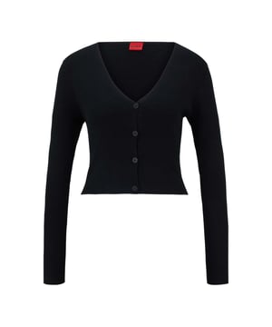 50% viscose, 27% polyester, 23% polyamide. Stof: Ribgebreid. Ontwerp: Contrast, Label, Effen. Mouwtype: Met lange mouwen. Hals: V Hals. Lengte: Kort. Sluiting: Knoopsluiting. 8 UK: 32 in. 10 VK: 33 in. 12 VK: 35 in.