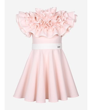 Jessie and James embody timeless elegance and modern charm. This girls pink dotty dress is reflective of the label's distinctive care and craftsmanship. Has luxurious ruffled detailing with a high neck and delicate flared hem. It is signified by a contrasting white belt with a branded silver plate to finish. Made in France Concealed Zip Fastening Short Sleeves Outer Cotton 74, Polyester 26 Lining Cotton 100