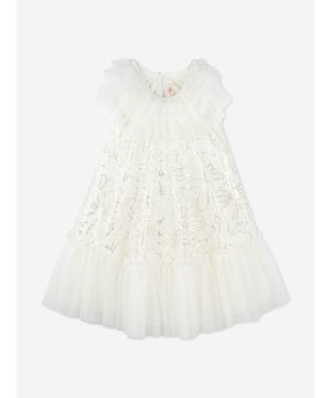 Billieblush apply a mischievous and quirky sensibility to their aesthetic portraits. This girls ivory dress encapsulates the label's fun and eccentric personality. Square Neckline Layers of Tulle Floral Gold Sequin Pattern Ruffled Tulle Neckline and Hem Soft Viscose Fastens At Back With Keyhole Button 100 Polyester Lining 97 Viscose, 3 Elastane Machine Wash 30C