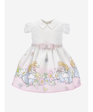 Monnalisa depict enchanting imagery into their beautifully crafted aesthetics. This baby girls dress is engineered from luxurious cotton poplin. Inspired by Disney's Alice in Wonderland imagery. Features tulip sleeves, a gathered waist with an adjustable grosgrain belt, and elegant flared skirt. Made in Italy Muslin and Tulle Lining Pointed Collar Zip On Back Disney x Monnalisa Main Fabric 100 Cotton Main Lining 100 Cotton