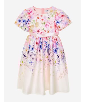 British designer label iAMe amplify Victorian styles into mesmerising innovative pieces. This girls summer delight occasion dress is woven in a beautiful white and pink floral dress design. Engineered in soft satin. It features a detachable pink satin belt, puffed sleeves, and a flared skirt enhanced with a tulle underlay. Back Zip Fastening 95 Polyester, 5 Elastane Lining 100 Cotton Hand Wash With Care