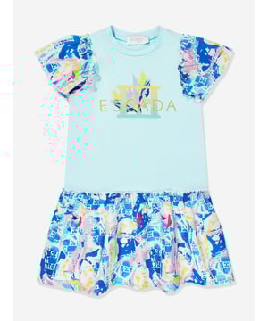 Escada incorporate high standards of elegance and unbeatable glamour into their aesthetics. This girls quiet tide dress is engineered with an intense, multicoloured, geometric blue print reminiscent of the sea. It sports a cotton jersey base and striking brand motif. Round Neck Short Sleeves 95 Cotton, 5 Elastane