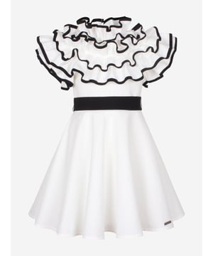 Jessie and James deliver a regal blend of elegance and comfort. This girls off-white occasion dress is reflective of the label's distinctive care and craftsmanship. Woven in a blend of cotton and hemp for a classic linen feel, it features layers of ruffles which create an elegant high neckline. It is signified by a contrasting black belt with a branded silver plate to finish. Lined in Lightweight Cotton Back Zip and Button Fastening 55 Cotton 45 Hemp