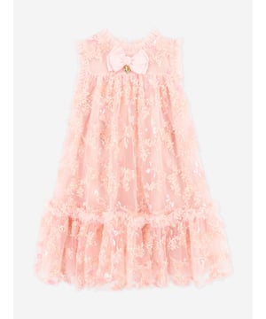 Angel's Face depict beautiful properties into their flawless abstracts. This girls Tilly pale pink occasion dress is a captivating construction. Crafted from a sequined and embroidered tulle style. There are exquisite 3D flowers on a tulle ruffle design on the arm holes, neck and hem. The sophisticated piece is complete with the signature bow and gold heart charm on the neckline. Fastens at the back with a gold logo button. Machine Wash 30 Shell 100 Polyester Lining 95 Cotton, 5 Elastane