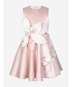 Jessie and James embody timeless elegance and modern charm. Crafted with a sophisticated jacquard floral print, this girls magnolia soft pink cream satin occasion dress combines classic style with contemporary flair. It is decorated with exaggerated pink and ivory floral appliqués via a flared design. Round Neck Sleeveless 100 Polyester