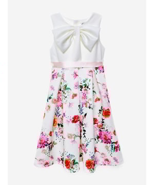 iAMe weave Victorian styles into exquisite dresses. This girls botanical beauty white occasion dress embodies the label's passion for a bygone era. Engineered in soft satin. The bodice features an oversized bow on the front and includes a detachable pink satin belt that can be tied into a bow. It has a flared skirt with pleated trims, showcasing a beautiful multicoloured floral print. Zip Fastening 95 Polyester, 5 Elastane Lining 100 Cotton Hand Wash With Care