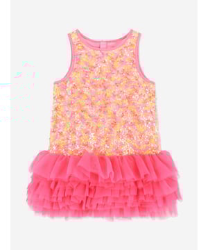 Introducing the exquisitely crafted Girls Charleston Sequin Tulle Dress in Pink by Angels Face, an essential addition to any discerning young lady's wardrobe for SS2025. Elegance and playful charm blend seamlessly in this stunning piece Luxurious Sequin Detailing Delicate pink sequins catch the light, promising to dazzle at every turn. Ethereal Tulle Skirt Layers of soft, ethereal tulle create a silhouette fit for a princess. Perfect Pink Hue A beautiful shade that complements every occasion, from garden parties to grand soirées.Elevate your girl's style the Charleston Sequin Tulle Dress awaits to enchant and delight.