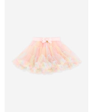 Angel's Face depict mesmeric high quality in their beautifully crafted designs. This girls Pixie tutu rainbow skirt is made from endless yards of soft frills. It is tiered and gathered at the hem, signified by a new large bow and heart charm detail. There is an elasticated waistband and cotton lining to ensure a secure and comfortable fit. Shell 100 Polyester Lining 95 Cotton, 5 Elastane Machine Wash 30
