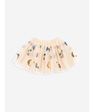 Konges Sløjd incorporate beautiful, eco-friendly technology into their charming aesthetics. This girls Yvonne rainbow twinkle tutu is woven in voluminous tulle layers and a soft elastic waist. It has whimsical sequin motifs, showcasing crescent moons, bows, rainbows, and cherries. 100 Polyester 100 Cotton Lining