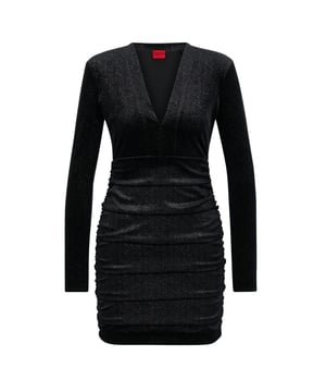 Materialzusammensetzung (%): 92% Polyester, 8% Elastan. Design: Glitzer, Unifarben. Gewebe: Gepolstert, Samt. Gerafft. Tiefer V-Ausschnitt, Tropfenausschnitt. Langärmlig. Länge: Mini.