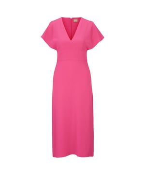 Materiaal buitenkant: 72% acetaat, 28% viscose. Voeringsmateriaal: 100% Viscose. Ontwerp: Eenvoudig. Sluiting: Ritssluiting achteraan. Aansluitende taille. Halslijn: Diep V. Type mouw: Fladder, Korte mouwen, Splitdetail. Lengte: Midi. 6 VK: 32 in. 8 VK: 33 in. 10 VK: 35 in. 12 VK: 37 in.